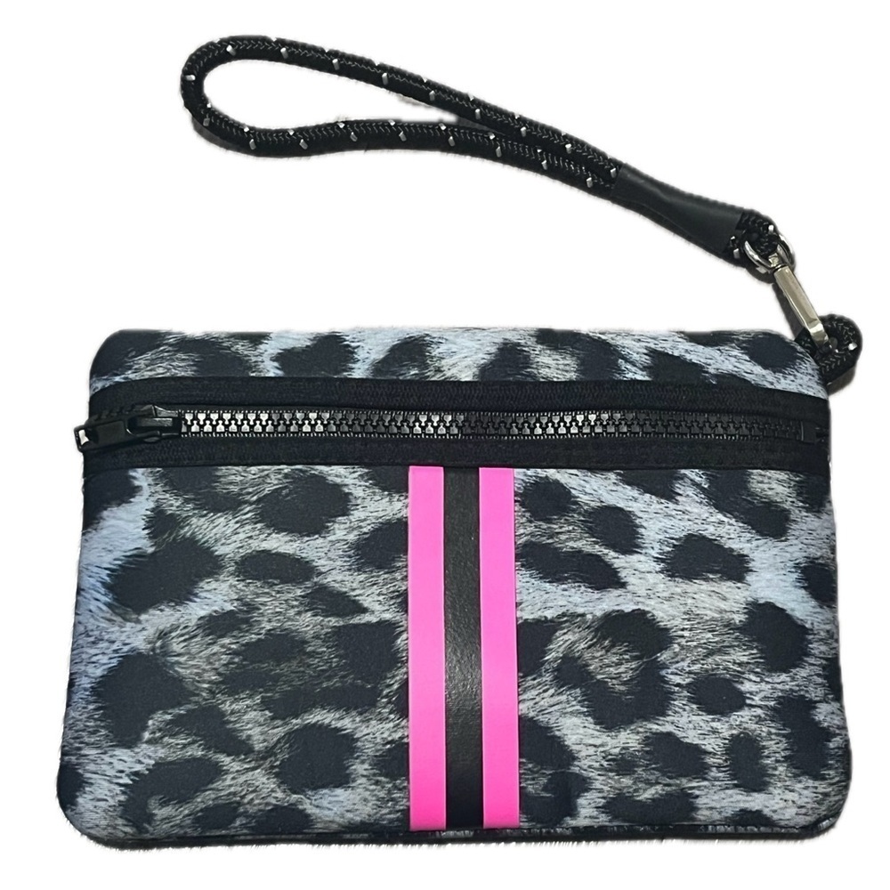 Leopard Print Neoprene Wristlet Clutch with Pink Stripe